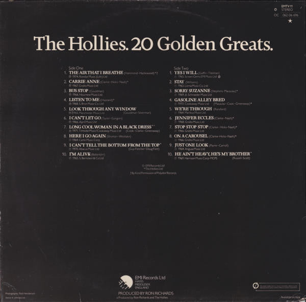 The Hollies : 20 Golden Greats (LP, Album, Comp, RM)