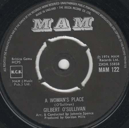 Gilbert O'Sullivan : A Woman's Place / Too Bad (7")