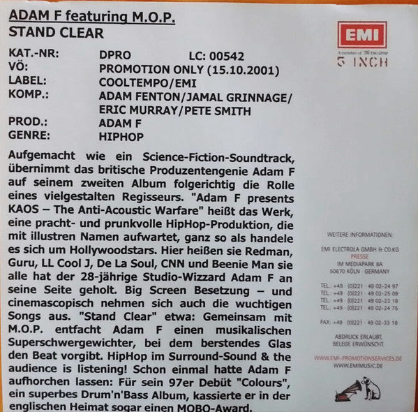 Adam F Featuring M.O.P. : Stand Clear (Clean Version) (CD, Single, Promo)