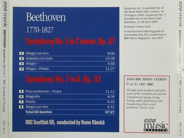 Ludwig van Beethoven — BBC Scottish Symphony Orchestra / Osmo Vänskä : Beethoven Live At The Proms: Symphonies Nos. 5 & 7 (CD, Album, Jew)