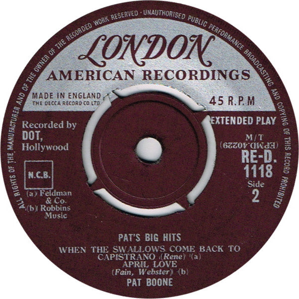Pat Boone : Pat's Big Hits (7", EP, RP, bro)