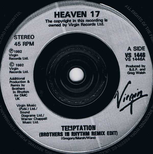 Heaven 17 : Temptation (Brothers In Rhythm Remix) (7", Single)
