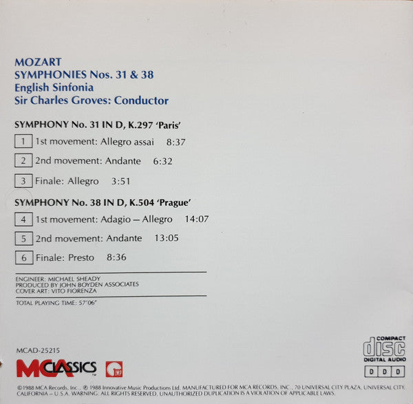 Wolfgang Amadeus Mozart, English Sinfonia, Sir Charles Groves : Symphony No.31 In D, K.297 'Paris' . Symphony No.38 In D, K.504 'Prague' (CD, Album)