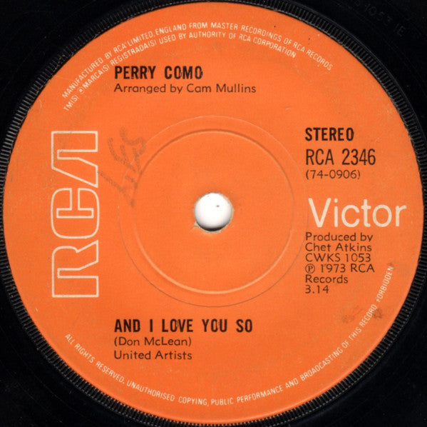 Perry Como : And I Love You So (7", Sol)