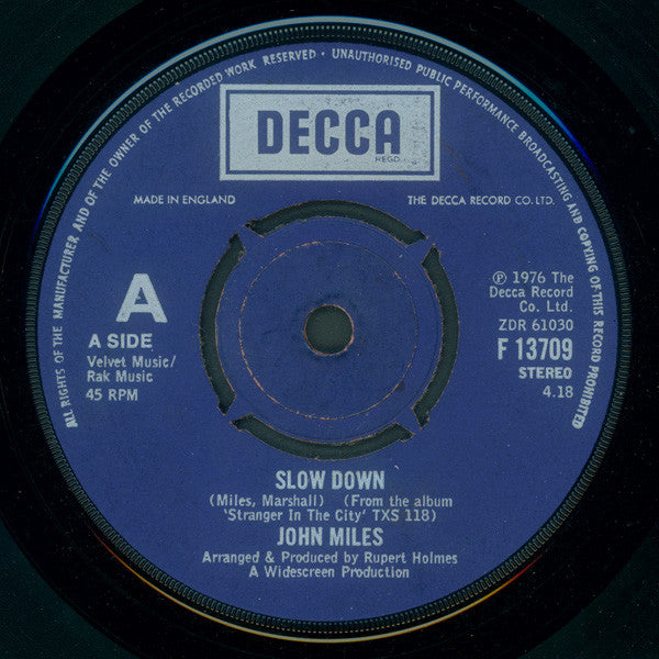 John Miles : Slow Down (7", Single, Pic)