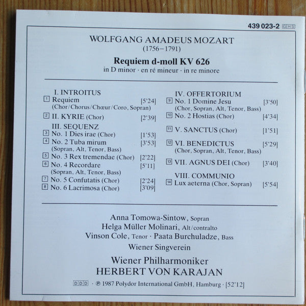 Mozart*, Anna Tomowa-Sintow, Helga Müller Molinari*, Vinson Cole, Paata Burchuladze / Wiener Singverein, Wiener Philharmoniker, Herbert von Karajan : Requiem (CD, Album, RE, RM)