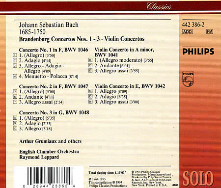 Johann Sebastian Bach - Arthur Grumiaux, English Chamber Orchestra, Raymond Leppard : Brandenburg Concertos Nos. 1 ~ 3 · The 2 Violin Concertos (CD, Comp)