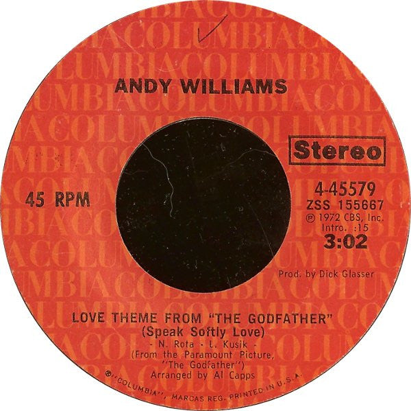 Andy Williams : Love Theme From "The Godfather" (Speak Softly Love) (7", Single, Styrene, Pit)