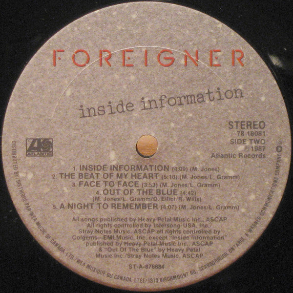 Foreigner : Inside Information (LP, Album, Gat)