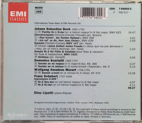 Dinu Lipatti : Bach ･ Mozart ･ Scarlatti ･ Schubert (CD, Comp, Ltd)