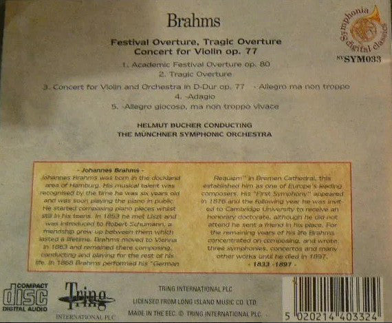 Johannes Brahms, Helmut Bucher, Münchner Symphoniker (2) : Festival Overture, Tragic Overture, Concert For Violin Op. 77 (CD, Comp)