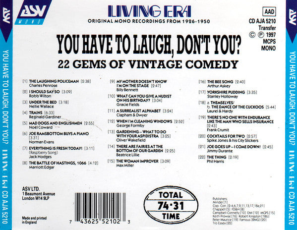 Various : You Have To Laugh, Don't You?: 22 Gems Of Vintage Comedy (CD, Album, Comp, Mono)