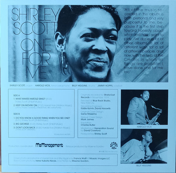 Shirley Scott With Harold Vick And Billy Higgins : One For Me (LP, Album, RE)