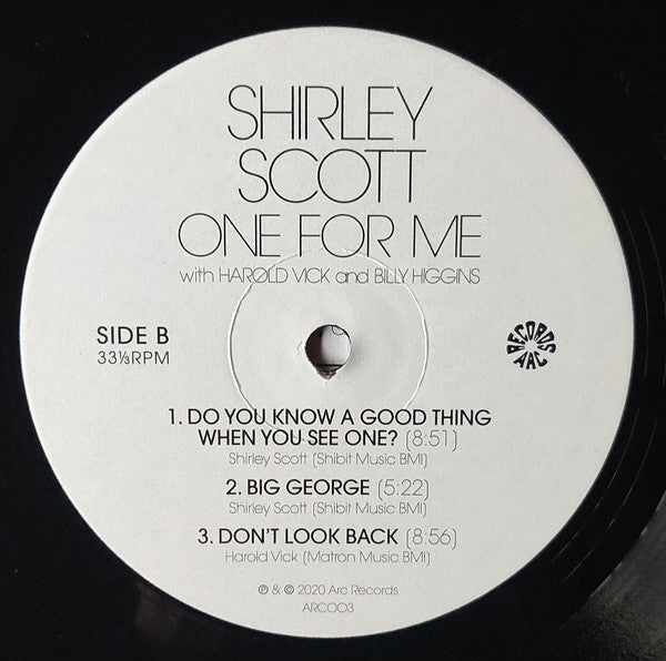 Shirley Scott With Harold Vick And Billy Higgins : One For Me (LP, Album, RE)