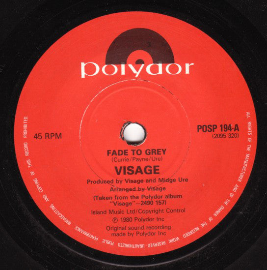 Visage : Fade To Grey (7", Single, Pap)