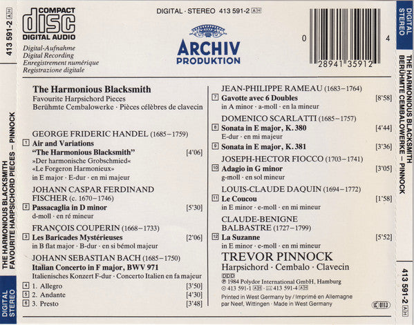 Trevor Pinnock : The Harmonious Blacksmith (Favourite Harpsichord Pieces = Berühmte Cembalowerke) (CD, Album, M/Print)