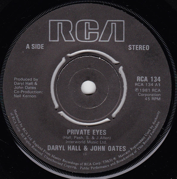 Daryl Hall John Oates* : Private Eyes (7", Single, 4-P)