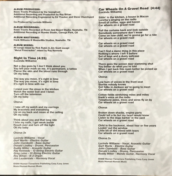 Lucinda Williams : Car Wheels On A Gravel Road (HDCD, Album)