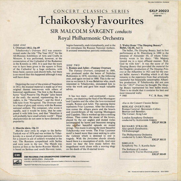 Tchaikovsky* / Royal Philharmonic Orchestra, Sir Malcolm Sargent : '1812' - Marche Slave - Romeo & Juliet - Sleeping Beauty Waltz (LP, Album, RE)