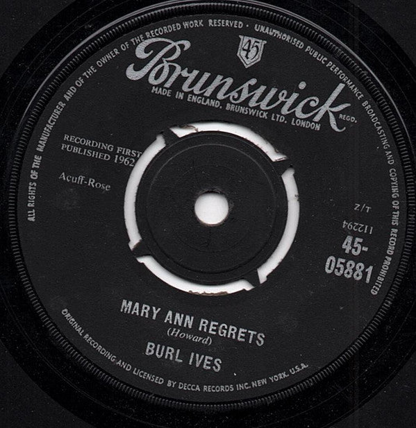 Burl Ives : Mary Ann Regrets (7", Single)