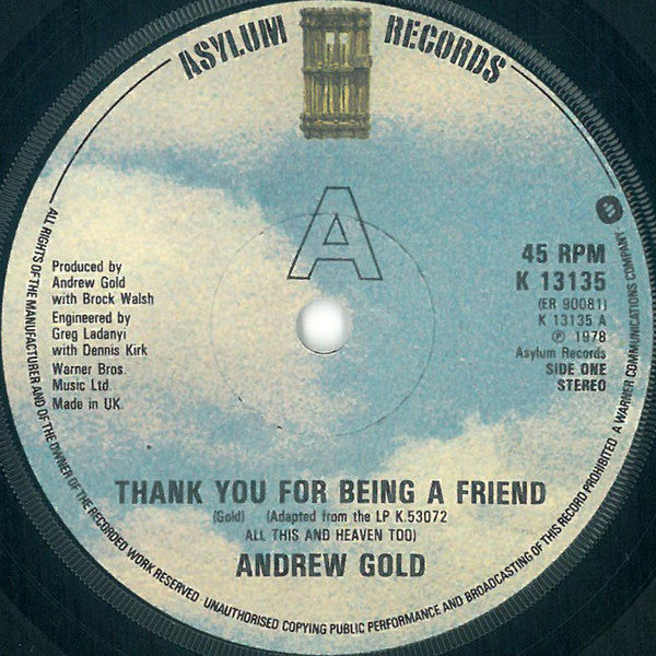 Andrew Gold : Thank You For Being A Friend (7", Single)