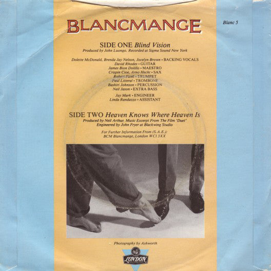 Blancmange : Blind Vision (7", Single, Pap)