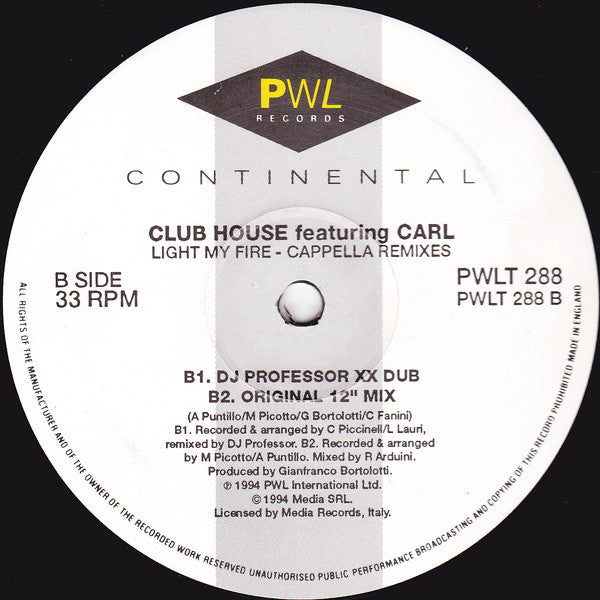 Club House Featuring Carl Fanini : Light My Fire (The Cappella Remixes) (12")