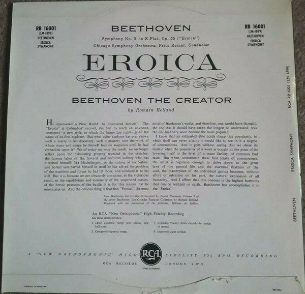 Beethoven*, Chicago Symphony Orchestra, Fritz Reiner : Eroica (LP, Album, Mono)