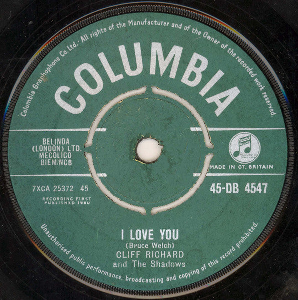 Cliff Richard & The Shadows : I Love You (7", Single)