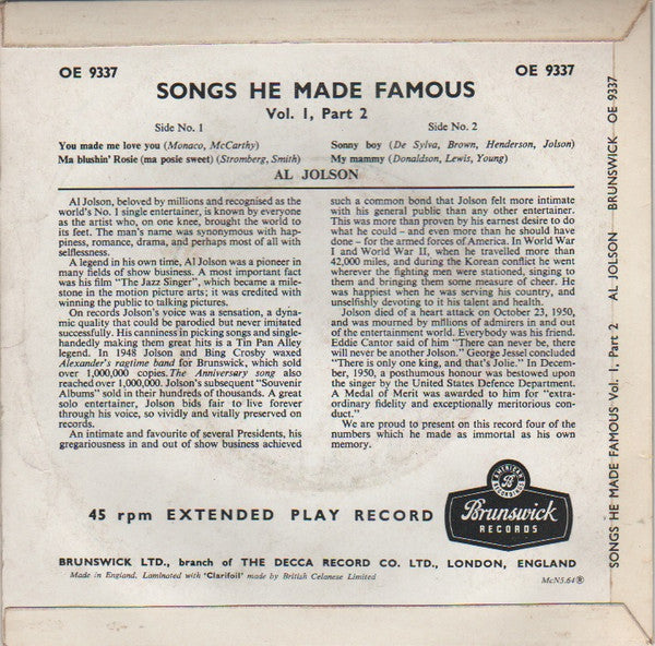 Al Jolson : Songs He Made Famous Vol.1, Part 2 (7", EP, RE)