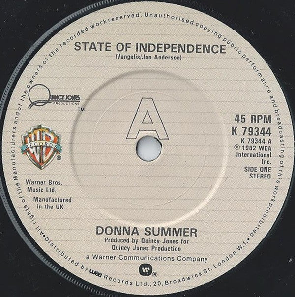 Donna Summer : State Of Independence (7", Single, sma)