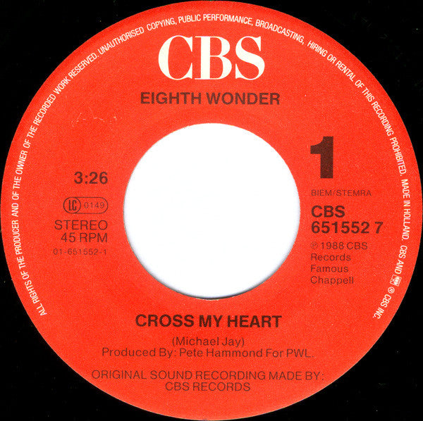 Eighth Wonder : Cross My Heart (7", Single)