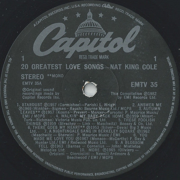 Nat King Cole : 20 Greatest Love Songs (LP, Comp, Mono, RM)