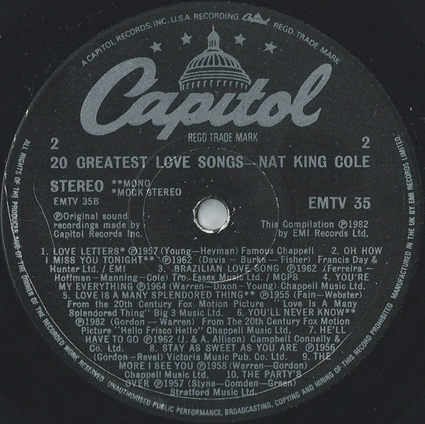 Nat King Cole : 20 Greatest Love Songs (LP, Comp, Mono, RM)