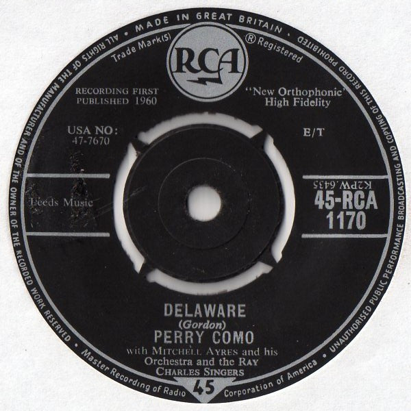 Perry Como : Delaware (7", Single, Pus)