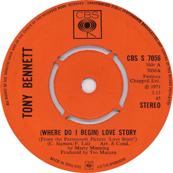 Tony Bennett : (Where Do I Begin) Love Story (7", Single)