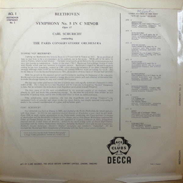 Beethoven* - Carl Schuricht With Paris Conservatoire Orchestra* : Fifth Symphony - Symphony No. 5 In C Minor, Op. 67 (LP, Mono, RE)