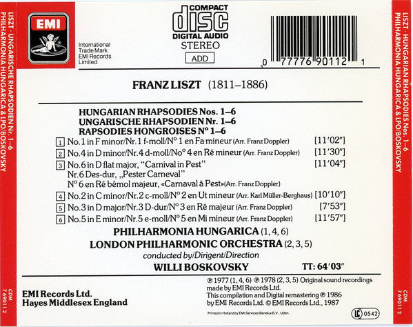 Franz Liszt, Philharmonia Hungarica, London Philharmonic Orchestra, Willi Boskovsky : Ungarische Rhapsodien Nos. I-6 (CD, Comp, RM)