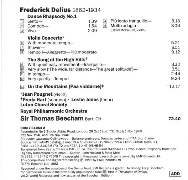 Delius* - Sir Thomas Beecham : Violin Concerto, Song of the High Hills (CD, Comp, Mono)