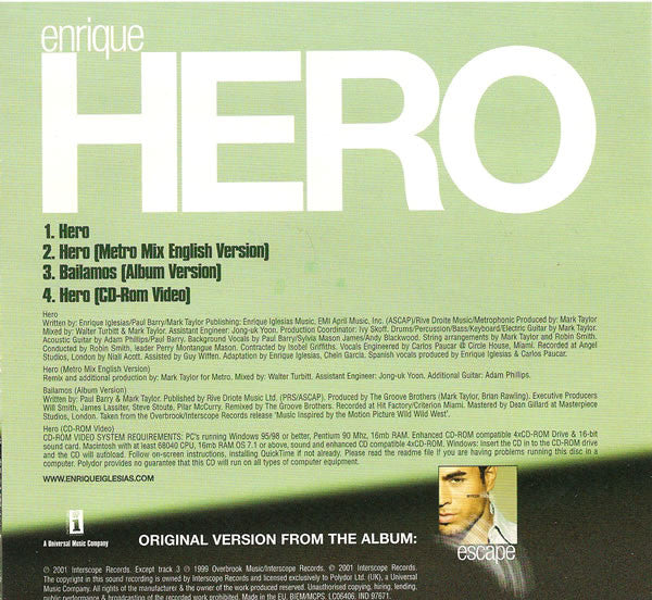 Enrique Iglesias : Hero (CD, Single, Enh)
