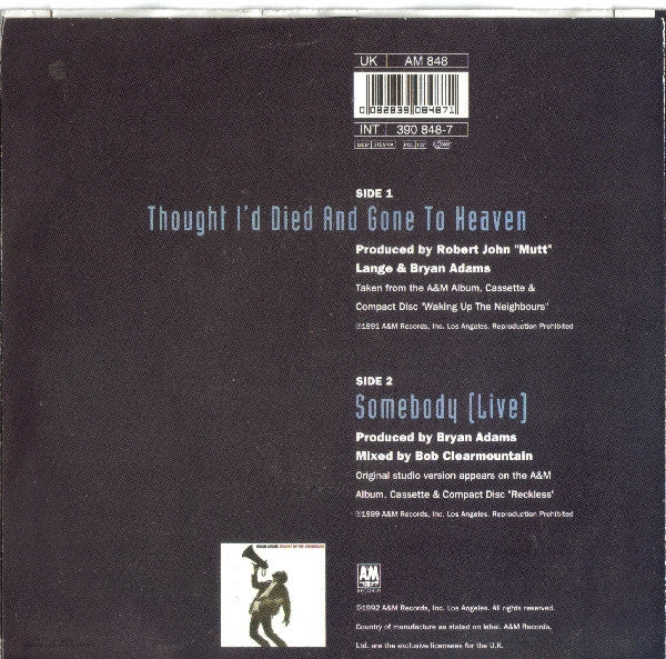 Bryan Adams : Thought I'd Died And Gone To Heaven (7")