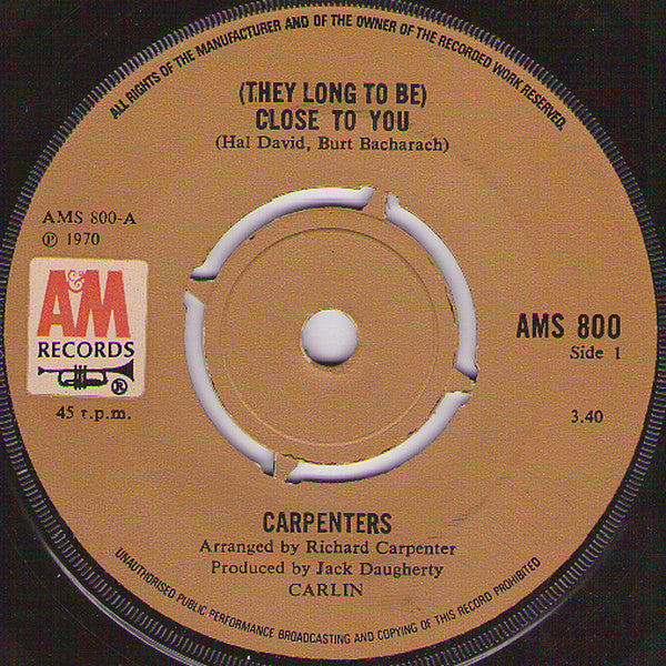 Carpenters : (They Long To Be) Close To You (7", Single, Kno)