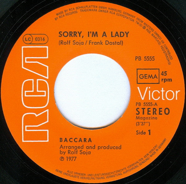 Baccara : Sorry, I'm A Lady (7", Single)