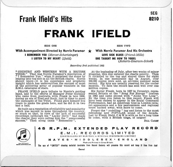 Frank Ifield : Frank Ifield's Hits (7", EP, Mono)