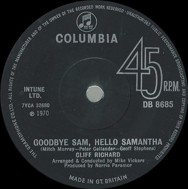 Cliff Richard : Goodbye Sam, Hello Samantha (7", Single, Sol)