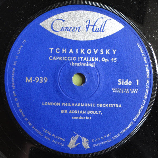 Pyotr Ilyich Tchaikovsky - London Philharmonic Orchestra Direction: Sir Adrian Boult : Capriccio Italien (7", Mono, Blu)