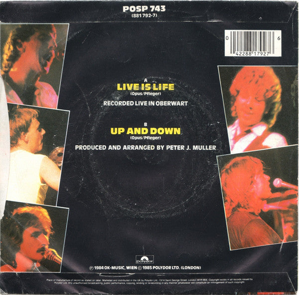 Opus : Live Is Life / Up And Down (7", Single, Blu)