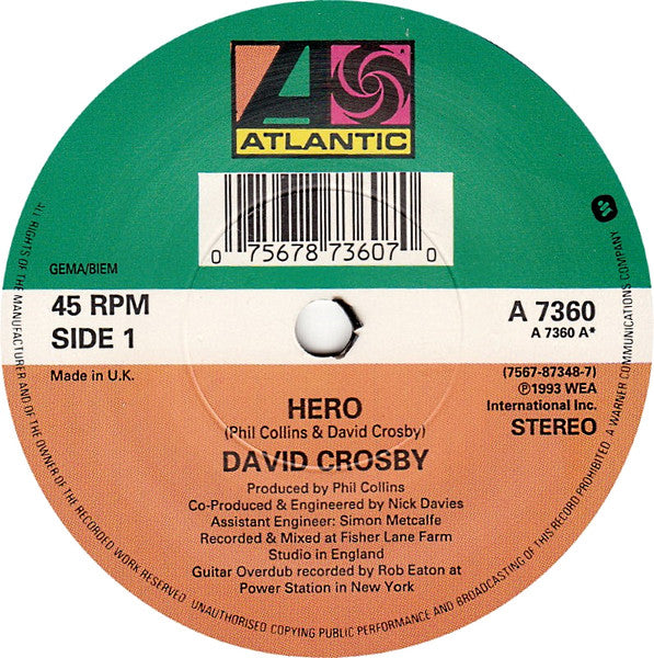 David Crosby Featuring Phil Collins : Hero (7", Pap)