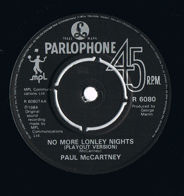 Paul McCartney : No More Lonely Nights (Ballad) / No More Lonely Nights (Playout Version) (7", Single, M/Print, Pap)