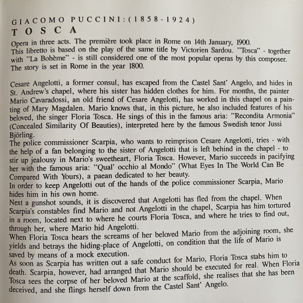 Giacomo Puccini, Orchestra Del Teatro Dell'Opera Di Roma & Coro Del Teatro Dell'Opera Di Roma, Zinka Milanov, Jussi Björling, Leonard Warren : Tosca, Highlights (CD, Comp)